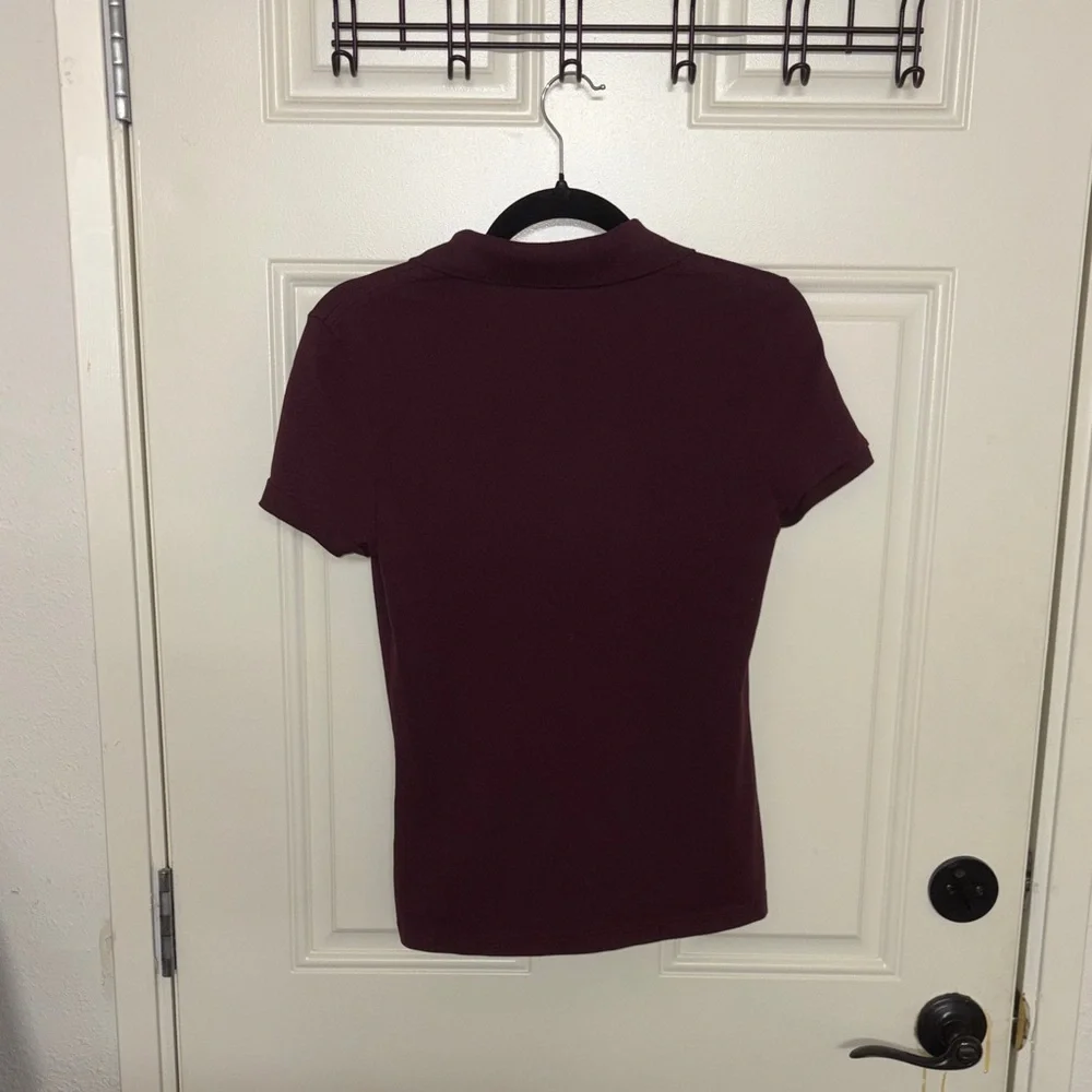 Lacoste Women's Short-Sleeve Button-Down Polo in Deep Wine - Picture 3 of 3